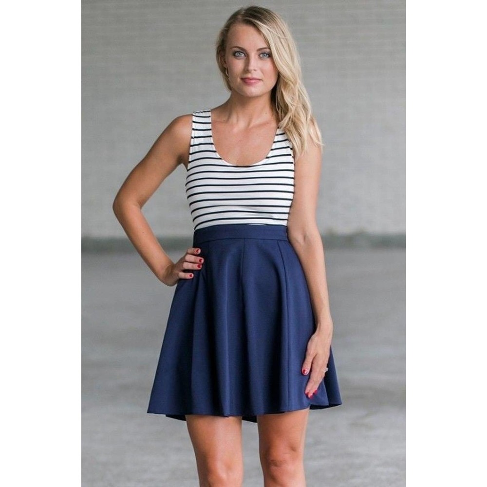 Double Zero Cross Back Black and White Stripe Dress Navy Small